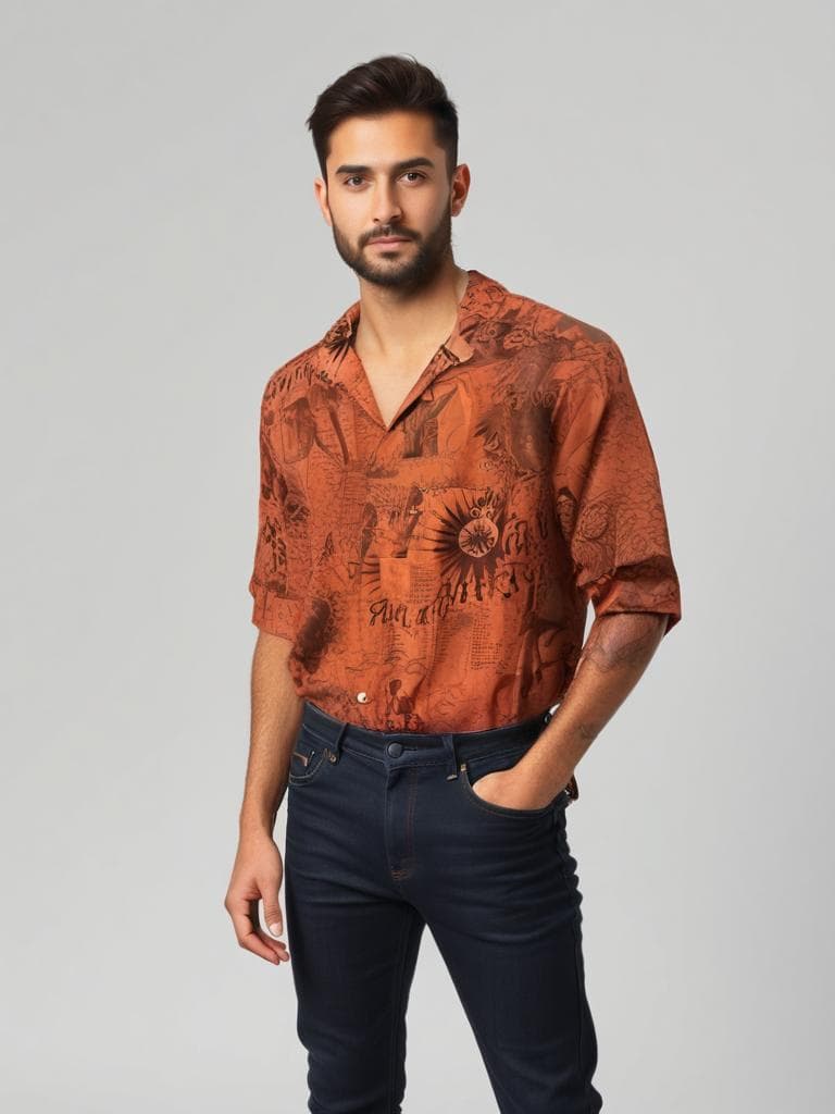 Vintage Exotic Print Shirt Terracotta 90s All-over