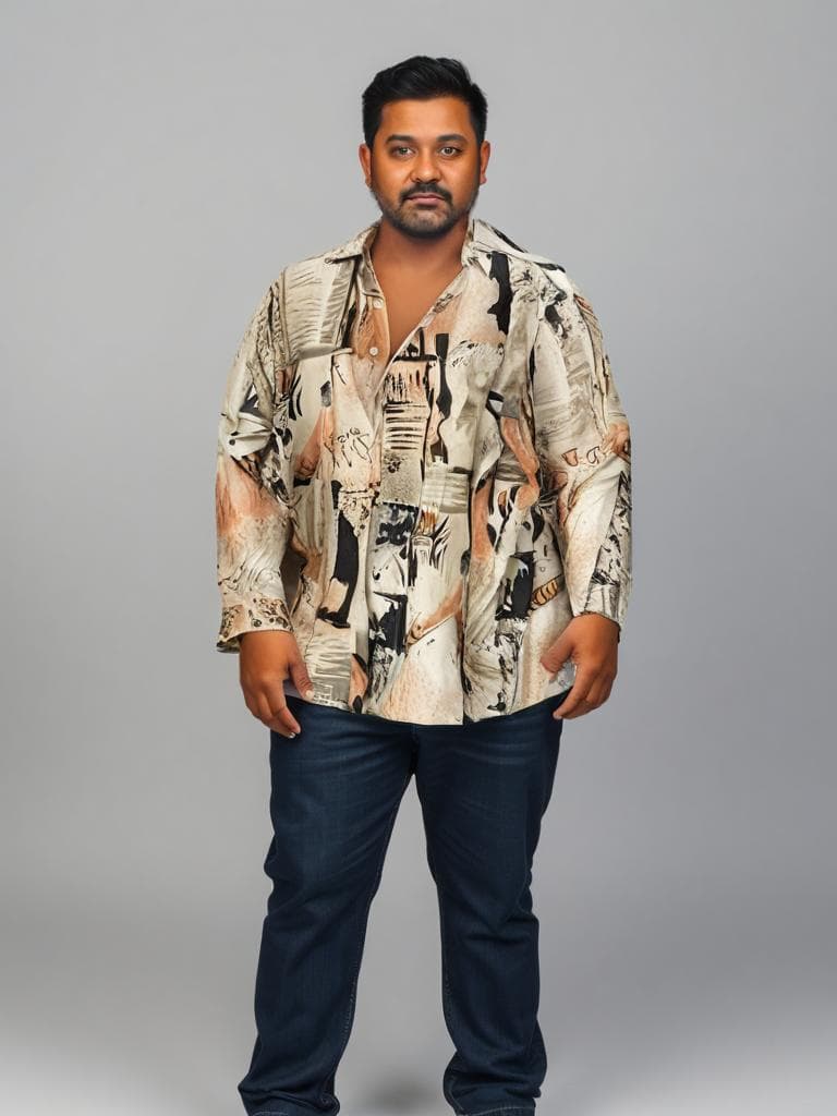 Artistic Abstract Print Shirt, Cream/Black/Rust, 90s