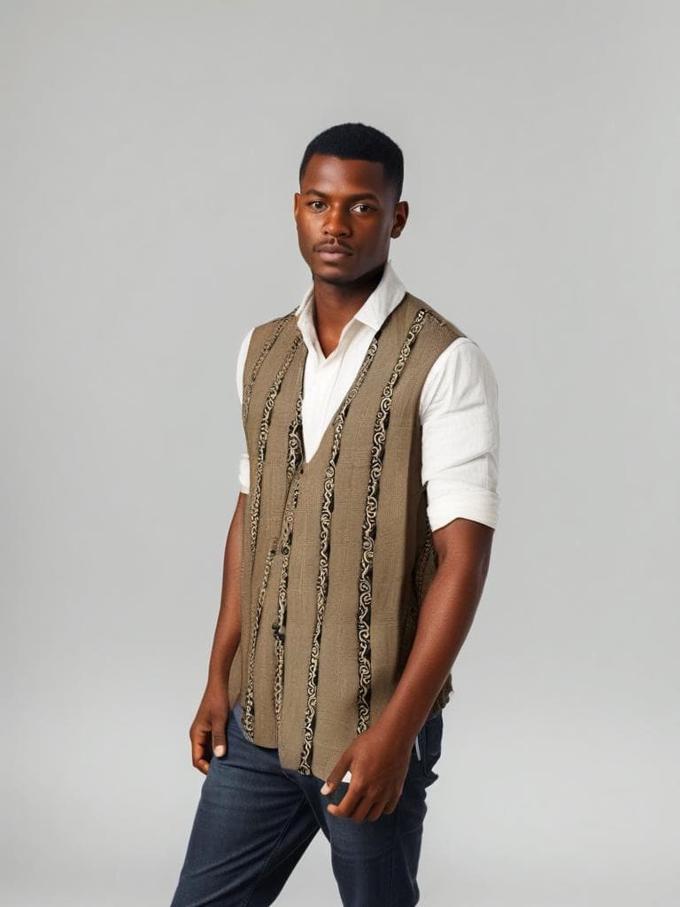 Vintage Striped Waistcoat Beige Black Jacquard 90s