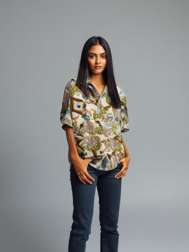 Vintage Floral Majolica Print Cotton Shirt 90s