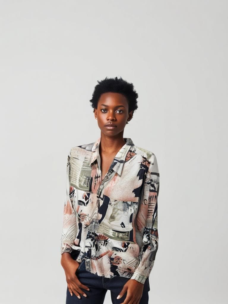 Abstract printed shirt 90s vintage, cream/rose/sage