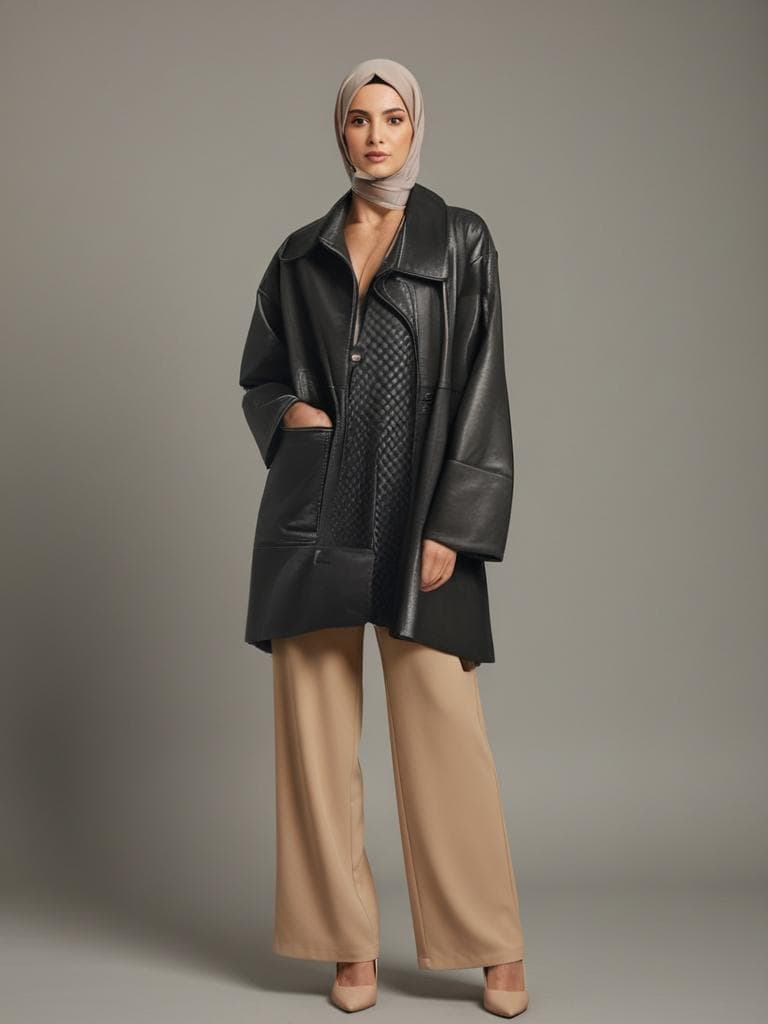 Vintage Black Leather Long Coat, Quilted Lining, 90s